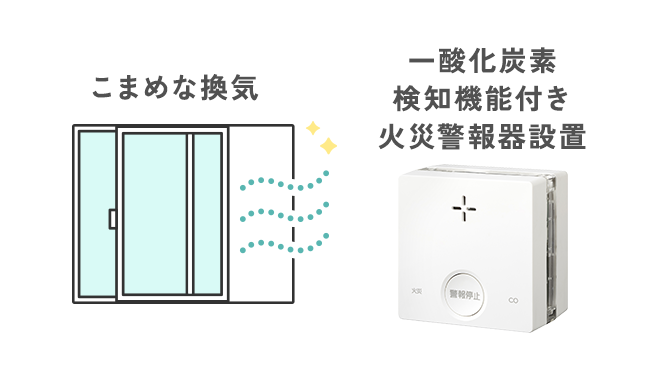 こまめな換気 一酸化炭素検知機能付き火災警報器設置