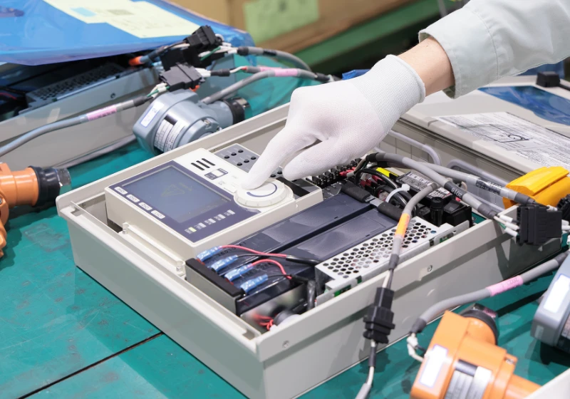 白い手袋を着用した社員が電子部品を修理している様子